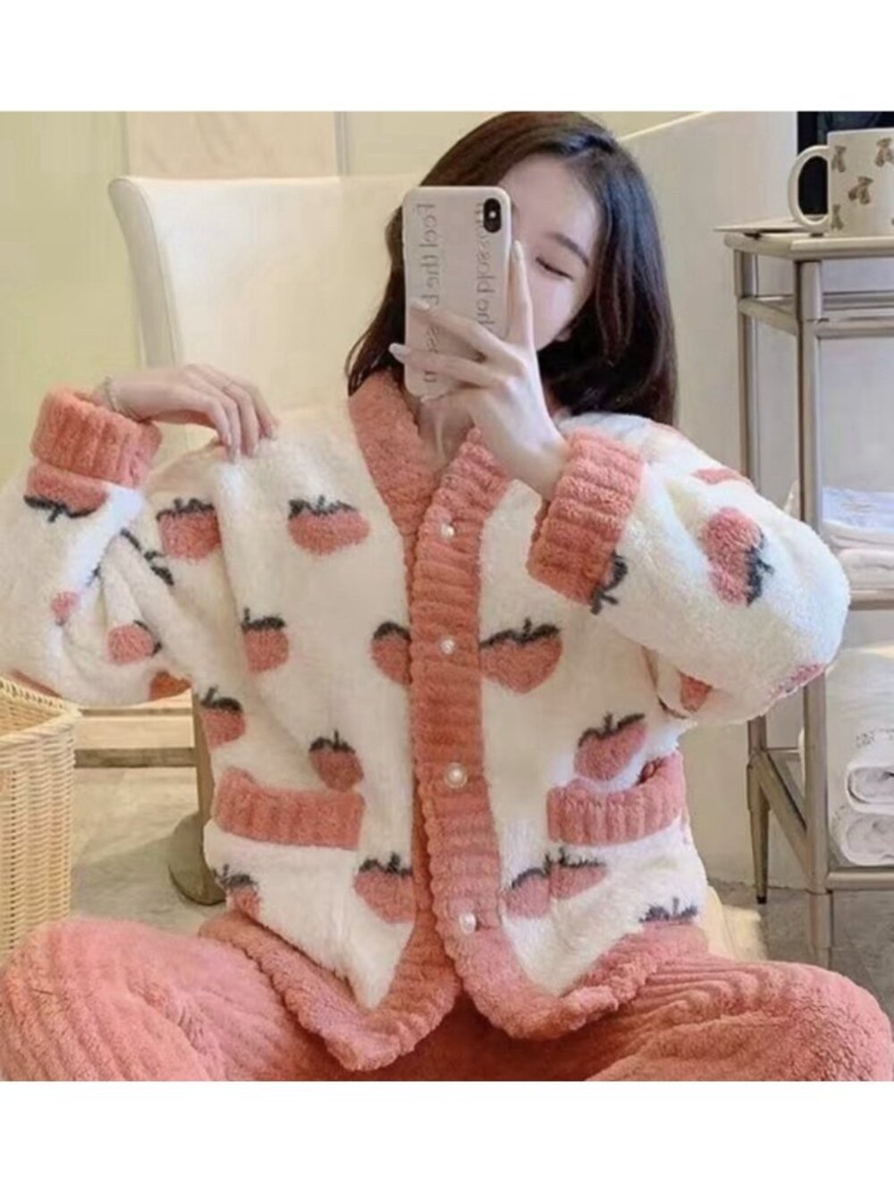 Temu Cozy Fuzzy Fleece Strawberry Print Button Cardigan Loungewear Jacket XXL
